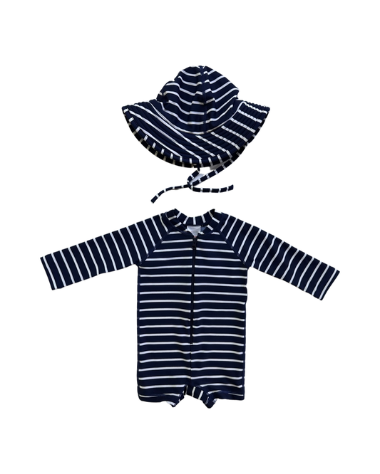 6M-12M Baby Boy Hanna Andersson Navy / White Striped RashGuard Swim Suit & Matching Sun Hat