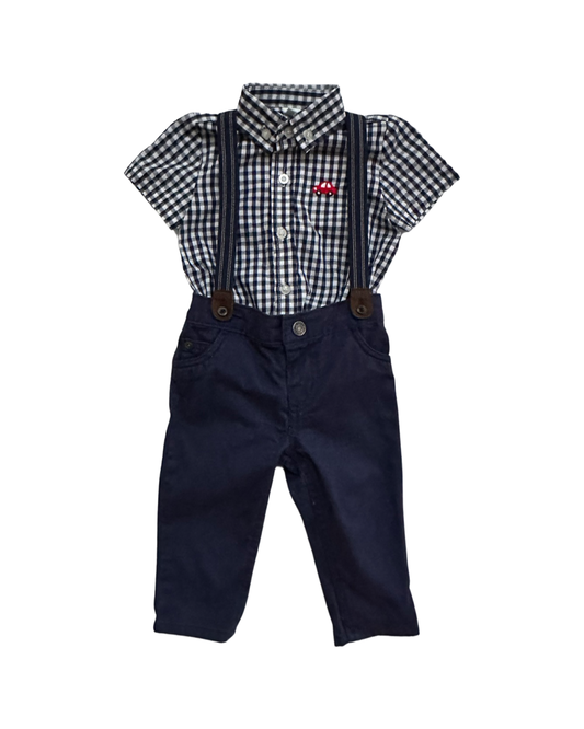 9M Baby Boy Navy Gingham Button Up w/ Navy Suspender Pants