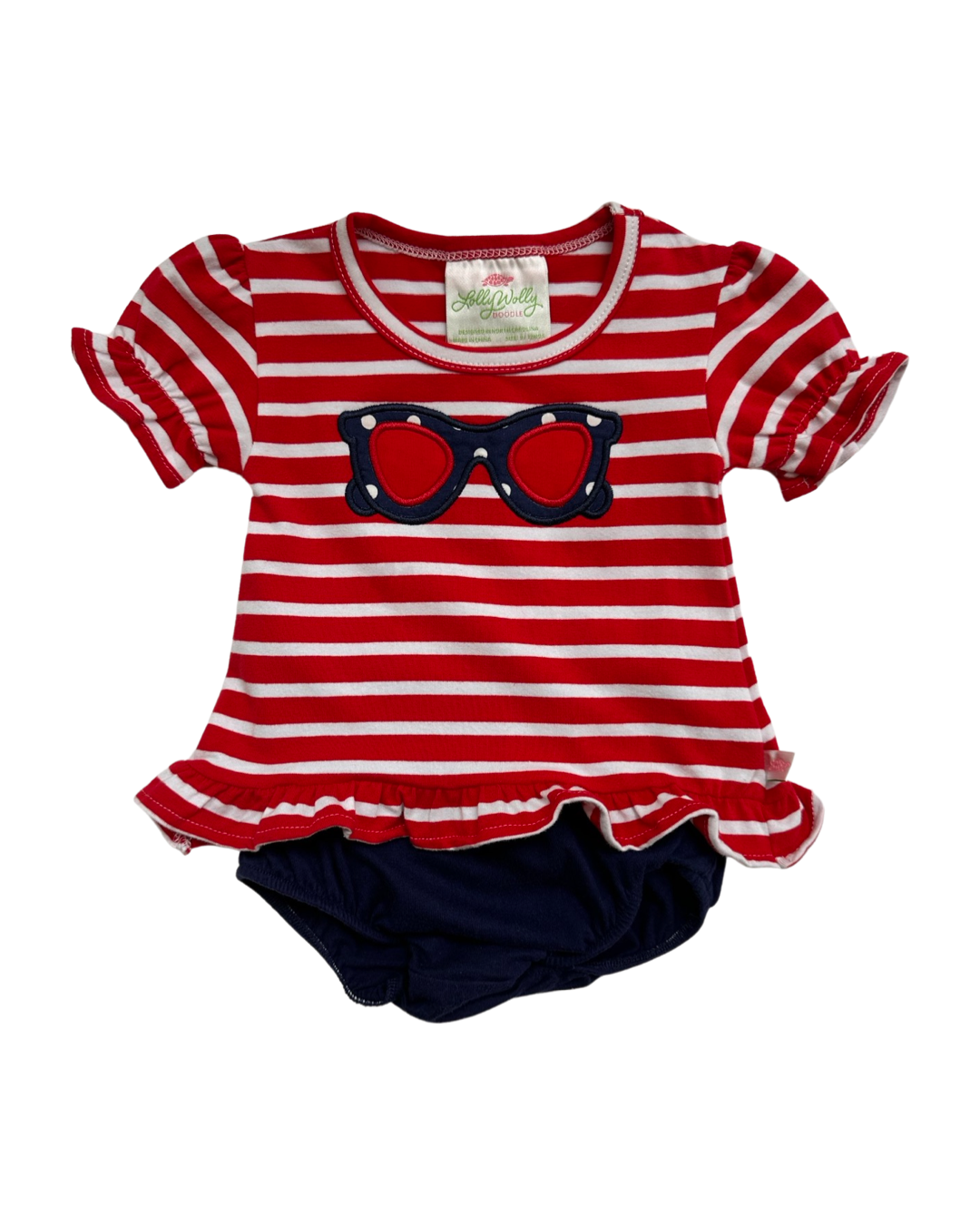 9M - 12M Baby Girl Lolly Wolly Doodle Red / White Striped Sunglass Top / Dress with Navy Bloomers