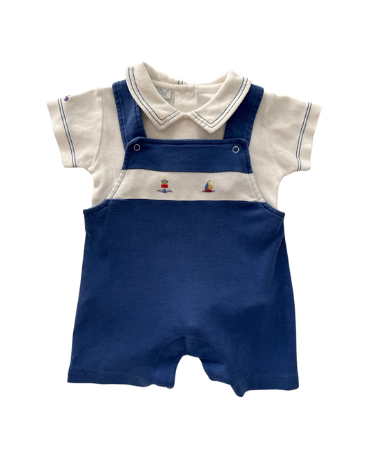 6-9M Baby Boy Kissy Kissy 2Pc Blue Sailboat Romper with Collared White Undershirt Onesie