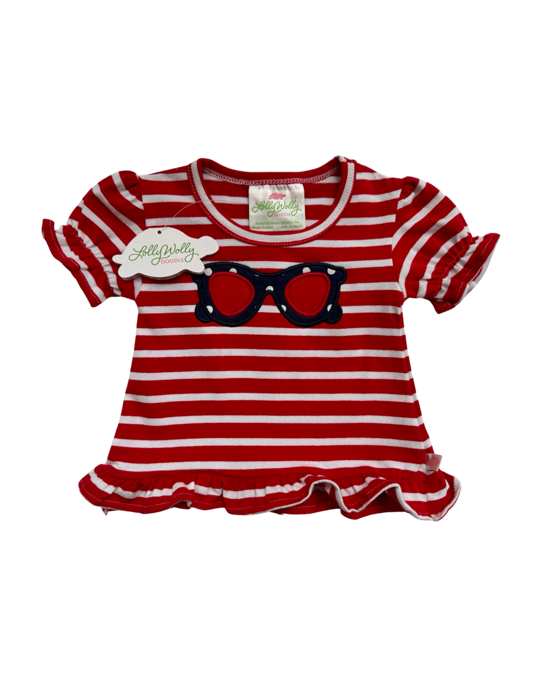 9M - 12M Baby Girl Lolly Wolly Doodle Red / White Striped Sunglass Top / Dress with Navy Bloomers