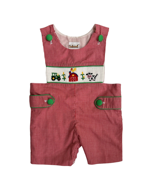 12M Baby Boy Babeeni Red Gingham Smocked Tractor Farm Romper