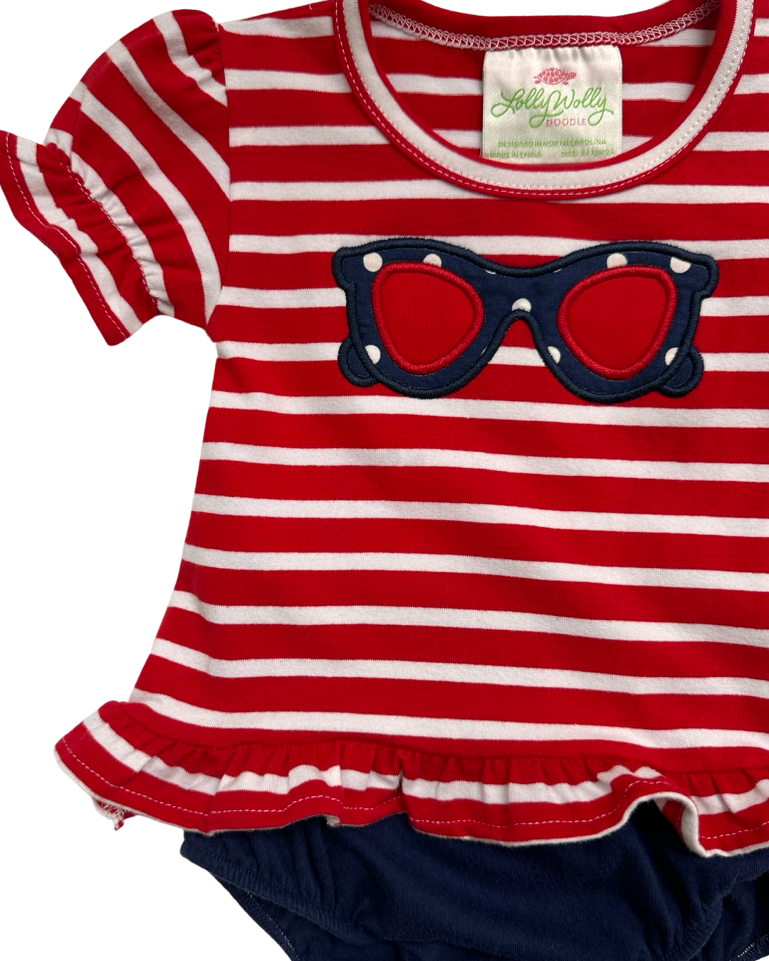 9M - 12M Baby Girl Lolly Wolly Doodle Red / White Striped Sunglass Top / Dress with Navy Bloomers