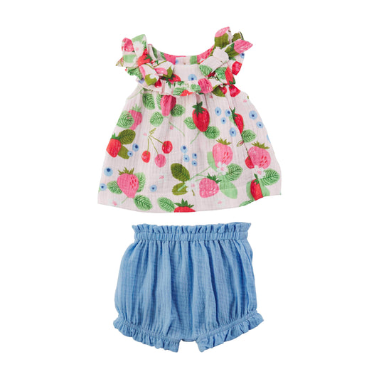 3-6M Baby Girl Mud Pie Muslin Strawberry Swing Pinafore Top and Matching Bloomers