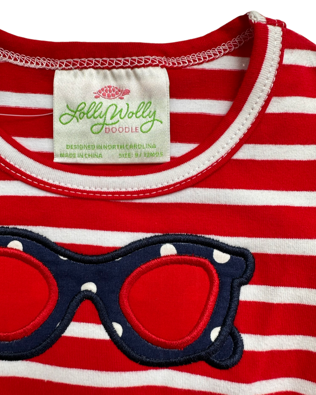 9M - 12M Baby Girl Lolly Wolly Doodle Red / White Striped Sunglass Top / Dress with Navy Bloomers