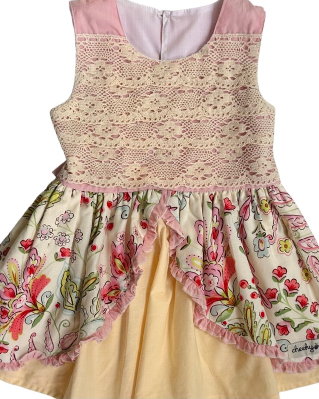 18M-24M Baby Girl Cheeky Plum Pink / Yellow Floral and Lace Pink Dress