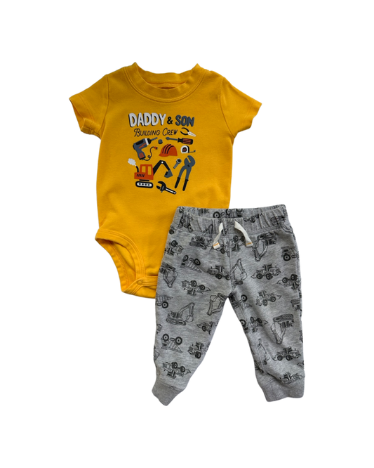 9M Baby Boy Carters Yellow Daddy Son Onesie & Grey Construction Truck Joggers