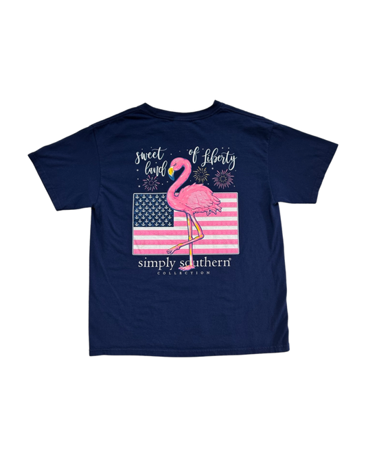 Youth Girls Size 8/10 Medium Simply Southern Sweet Land Of Liberty Patriotic Navy T-shirt