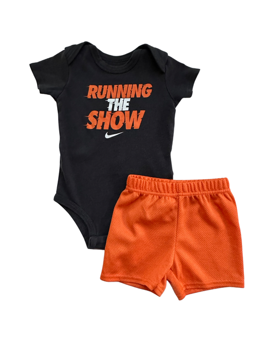 6-9M Baby Boy Nike Grey / Orange Onesie & Orange Athletic Shorts