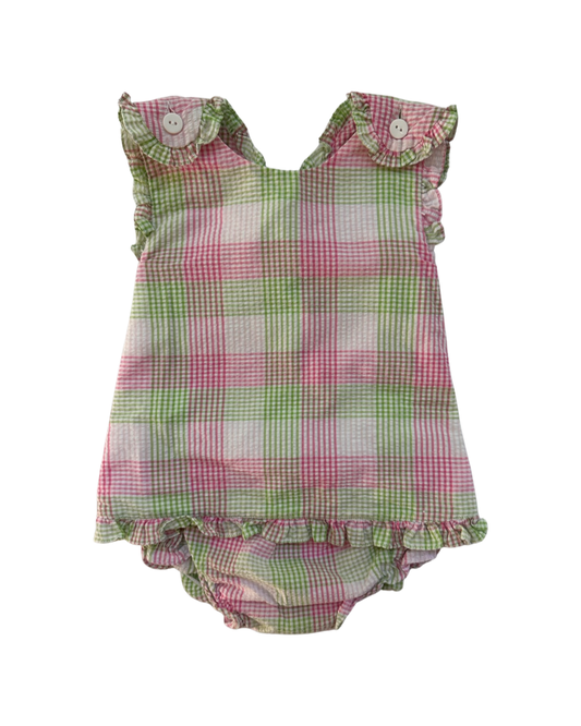 9M Baby Girl Petit Ami Pink / Green Plaid Cross Back Pinafore Top and Ruffle Bottom Bloomers