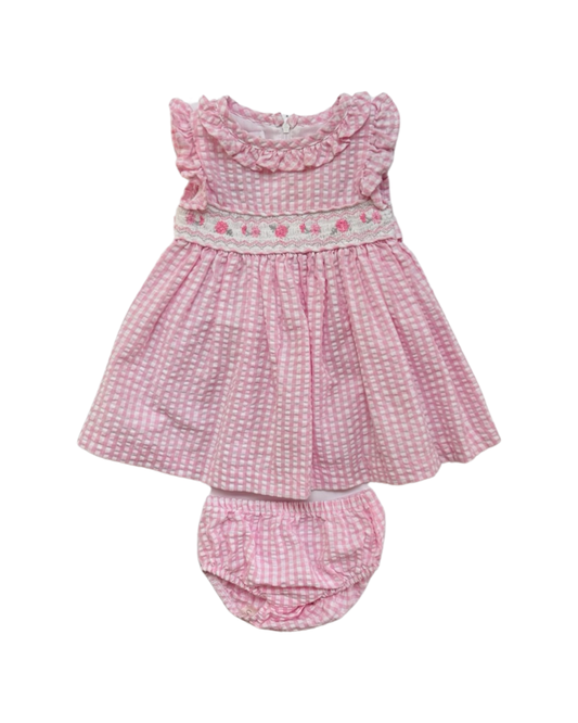 6-9M Baby Girl Pink Gingham Bonnie Baby Smocked Floral Dress with Bloomers