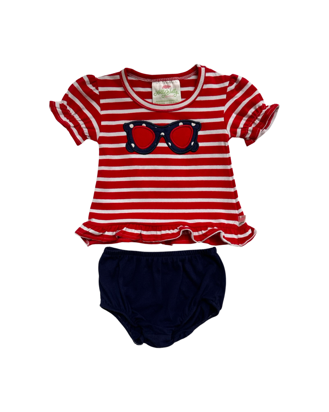 9M - 12M Baby Girl Lolly Wolly Doodle Red / White Striped Sunglass Top / Dress with Navy Bloomers