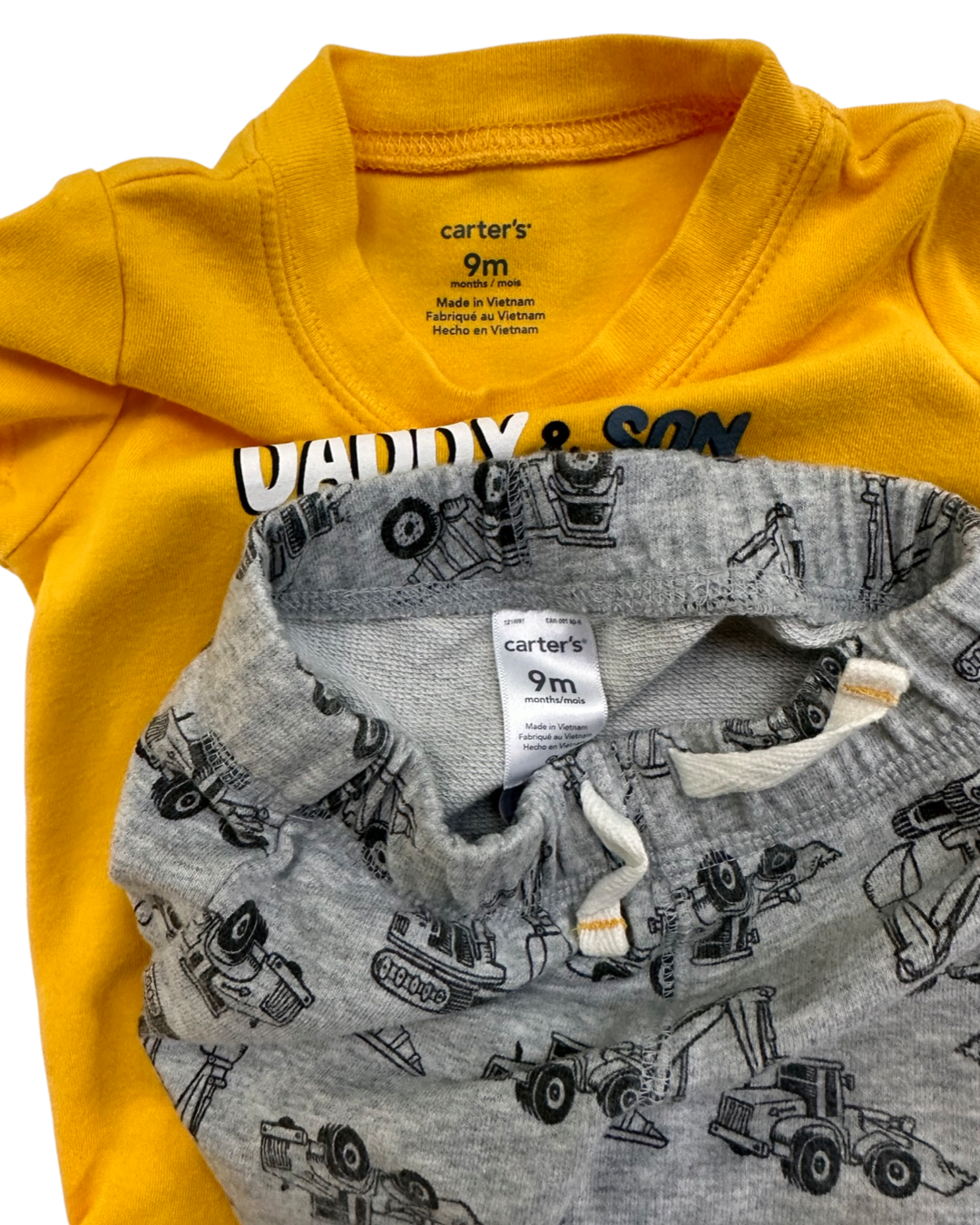 9M Baby Boy Carters Yellow Daddy Son Onesie & Grey Construction Truck Joggers