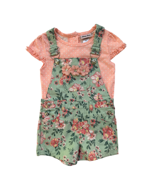 3T Toddler Girl Little Lass Mint Floral Jean Overall Shorts and Matching Pink Polka Dot Top