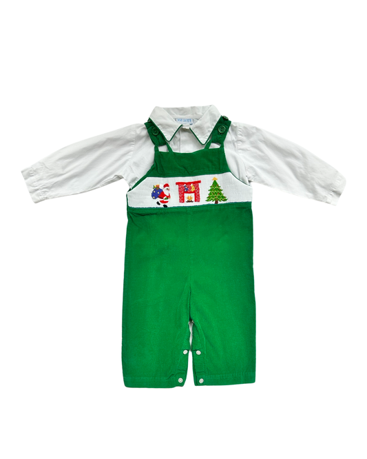 12M Baby Boy Vive La Fete Green Smocked Overall Corduroy Longall with Undershirt