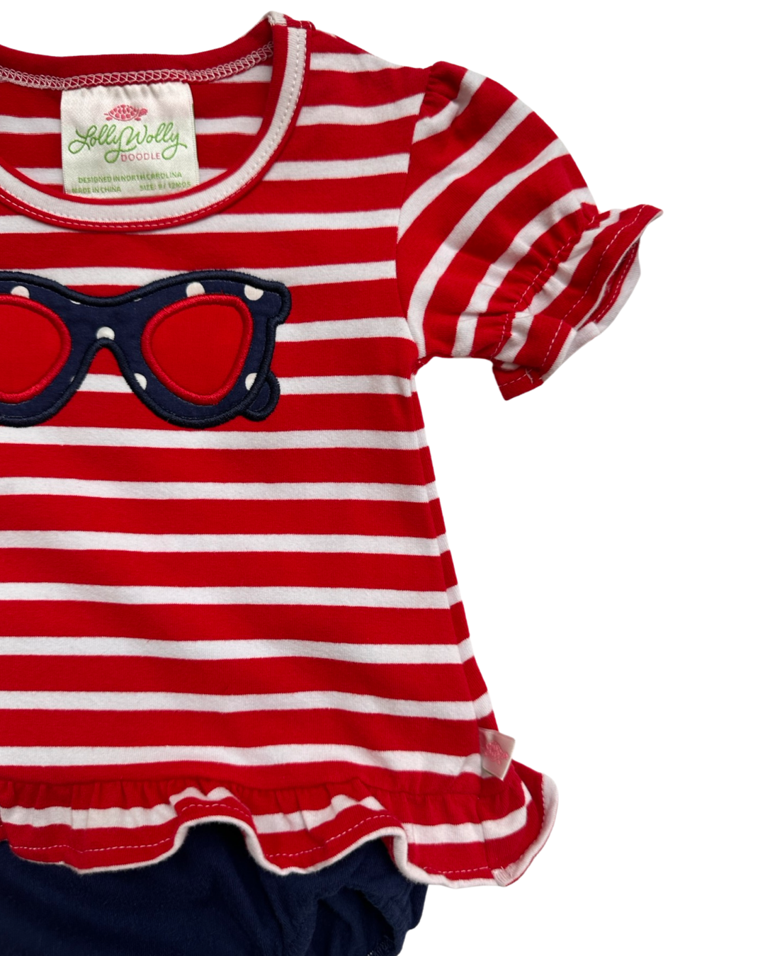 9M - 12M Baby Girl Lolly Wolly Doodle Red / White Striped Sunglass Top / Dress with Navy Bloomers