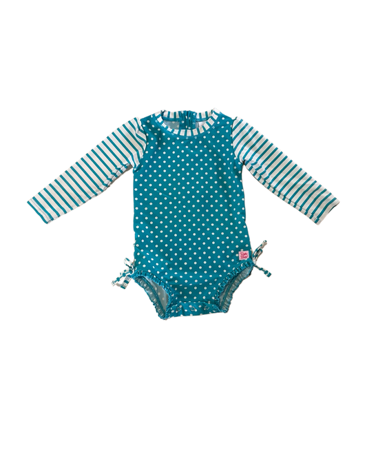 18M-24M Baby Girl Teal Polka Dot RuffleButt RashGuard Swim Suit