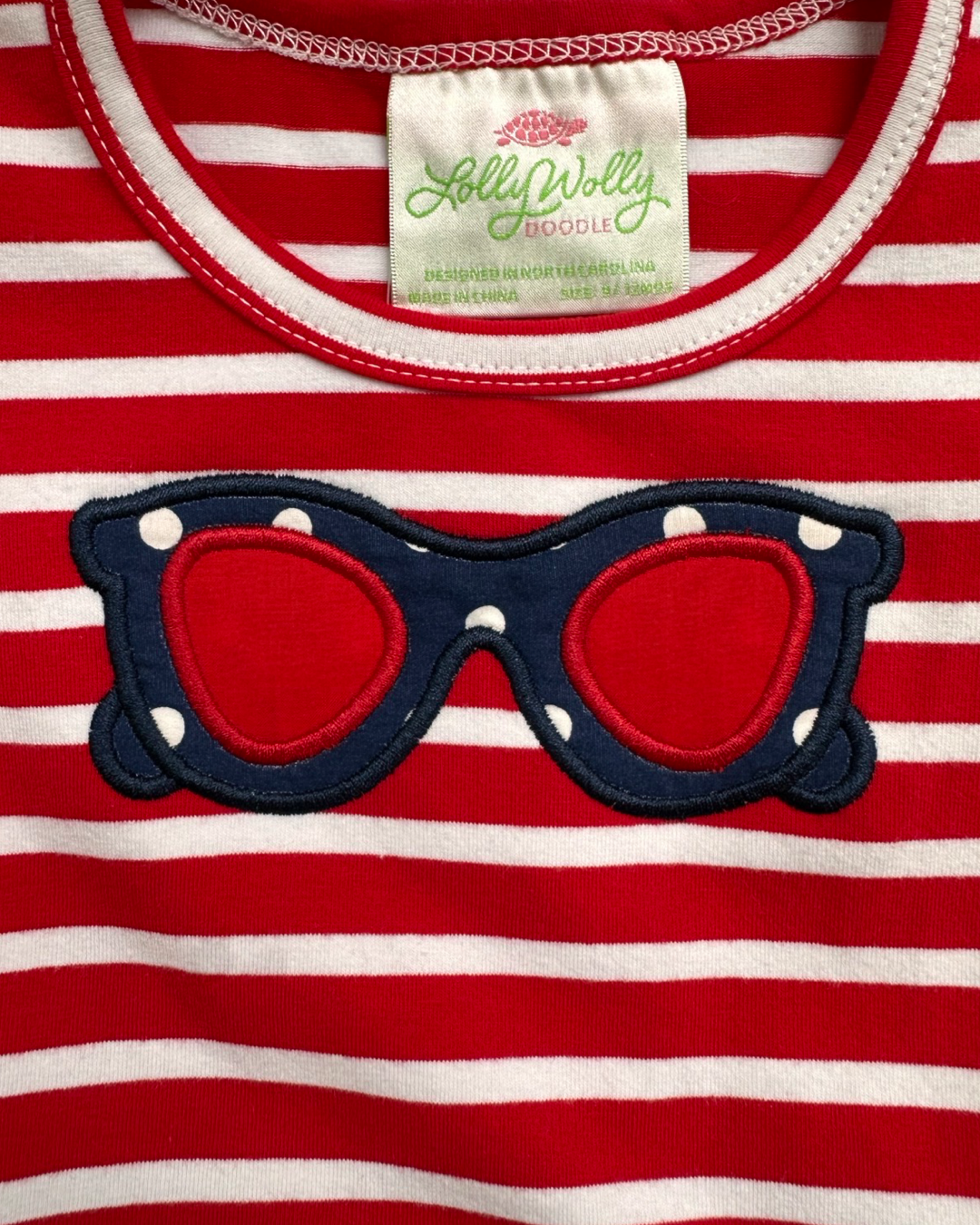 9M - 12M Baby Girl Lolly Wolly Doodle Red / White Striped Sunglass Top / Dress with Navy Bloomers