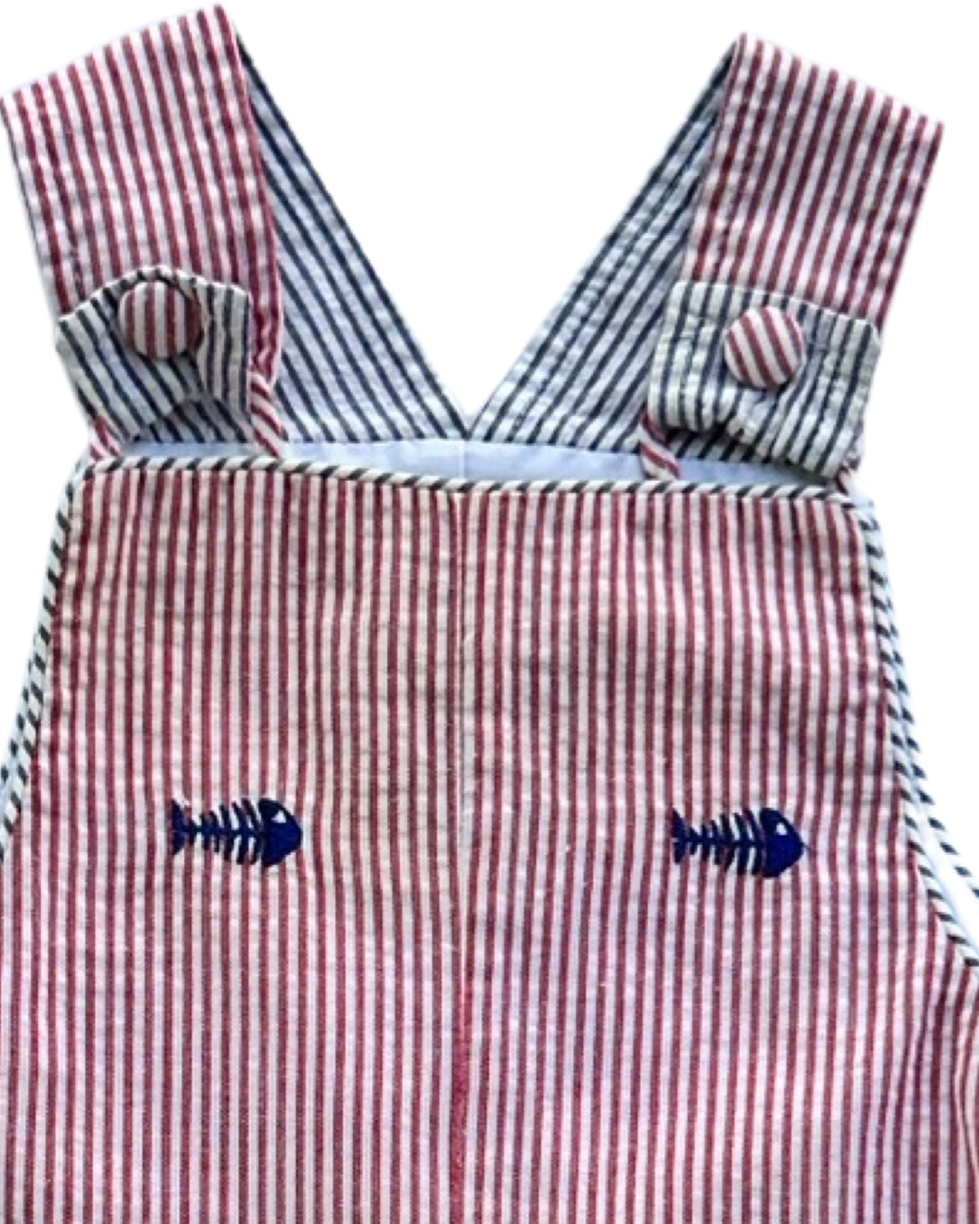 9M Baby Boy Anavini Boutique Red Striped Romper with Navy Embroidered Fish