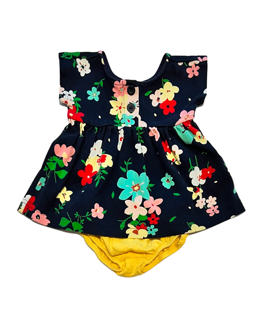 0-3M Baby Girl Navy Floral Hanna Andersson Dress with Yellow Bloomers