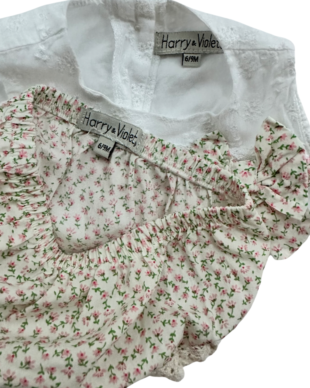 6-9M Baby Girl Harry & Violet Rosebud Floral Bloomers and White Eyelet Top