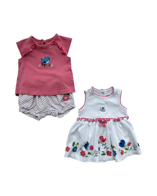 3M Baby Girl Absorba Pink Spring Blue Bird Top, Dress & Bubble shorts