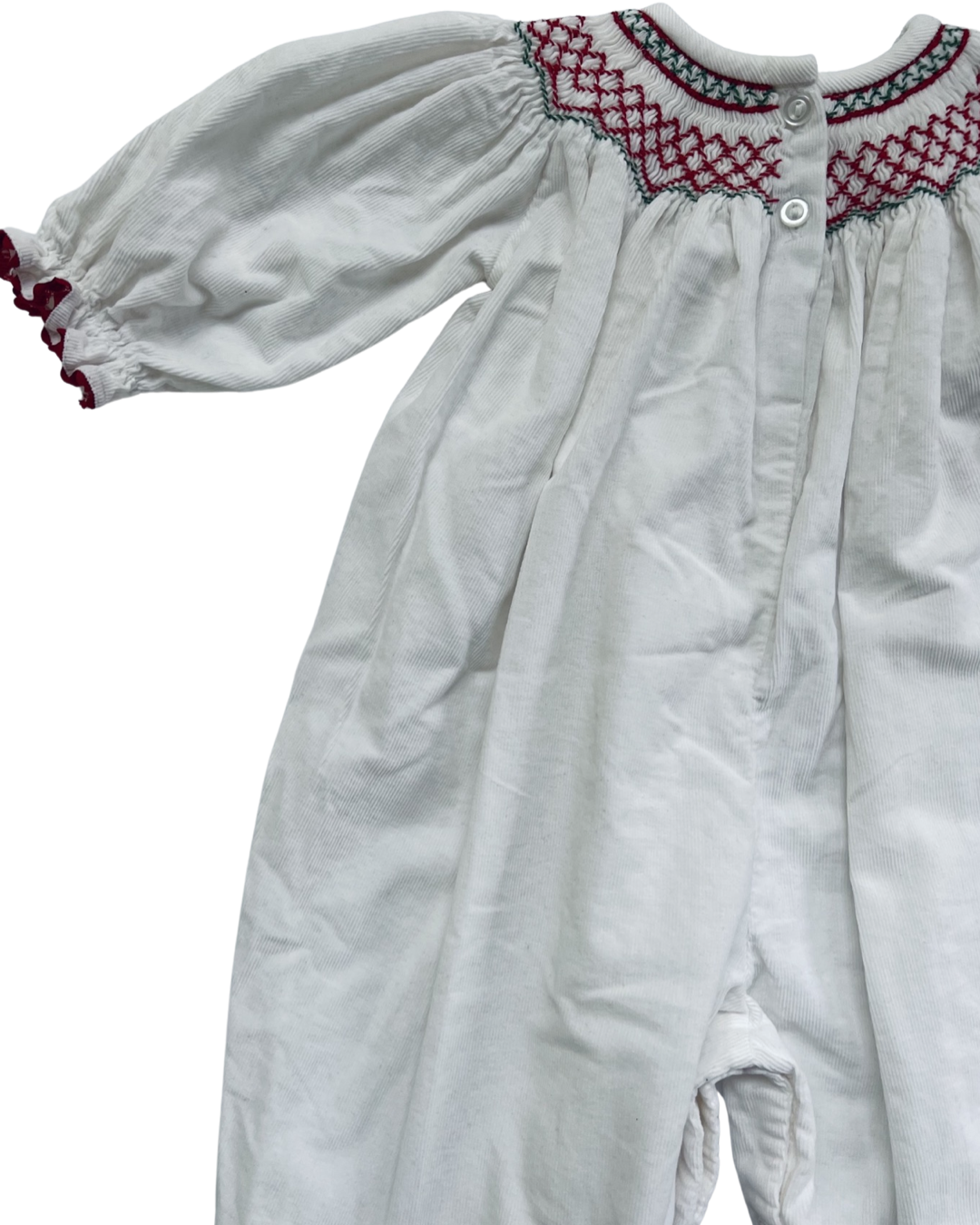 18M Baby Girl StellyBelly White Corduroy Smocked Holly Christmas Romper