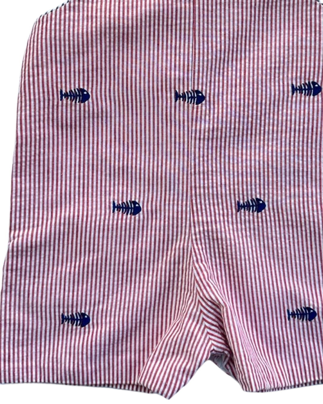 9M Baby Boy Anavini Boutique Red Striped Romper with Navy Embroidered Fish