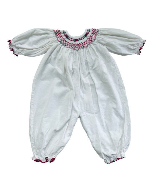 18M Baby Girl StellyBelly White Corduroy Smocked Holly Christmas Romper