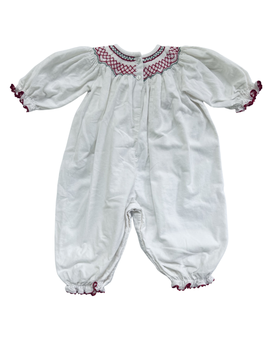 18M Baby Girl StellyBelly White Corduroy Smocked Holly Christmas Romper