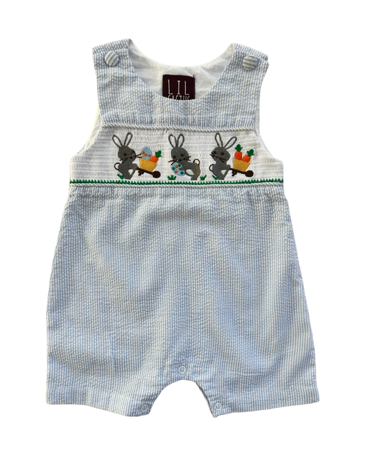 6 -12M Baby Boy Lil Cactus Blue Seersucker Smocked Easter Bunny Romper John John