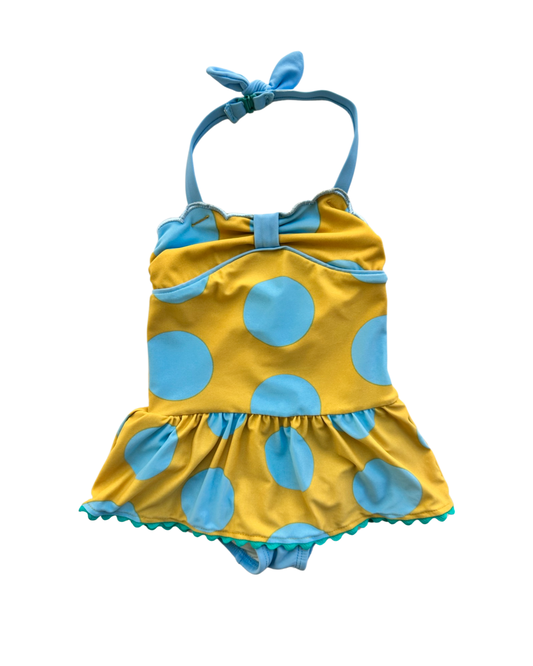 2T Toddler Girl Matilda Jane Mustard Yellow and Blue Polka Dot Halter Top Swim Suit