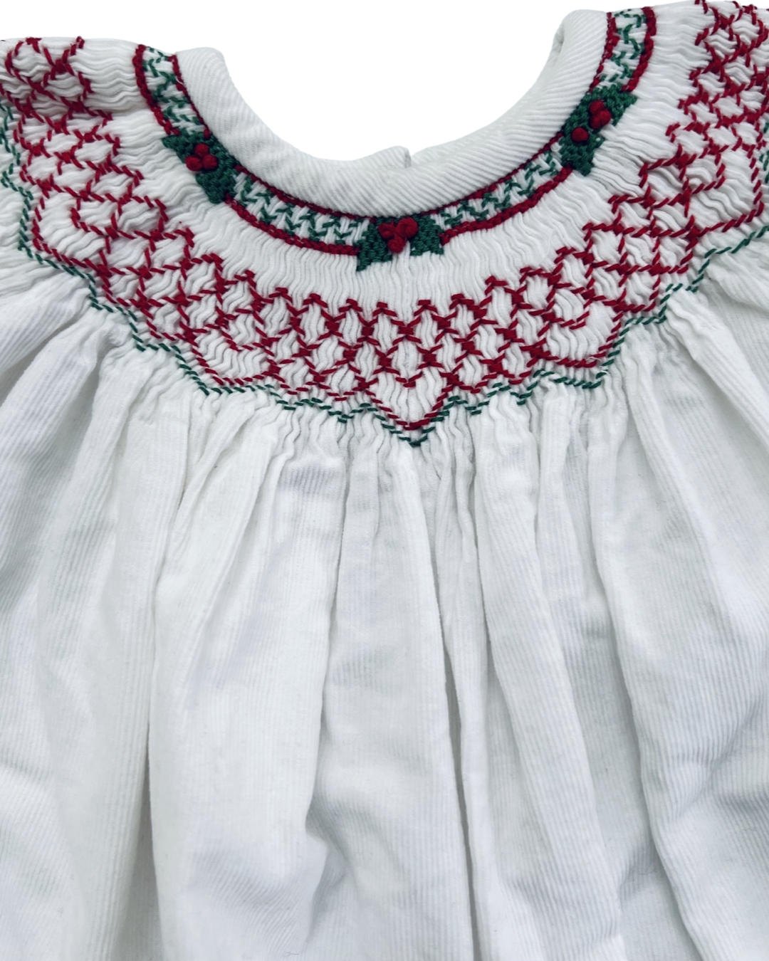 18M Baby Girl StellyBelly White Corduroy Smocked Holly Christmas Romper