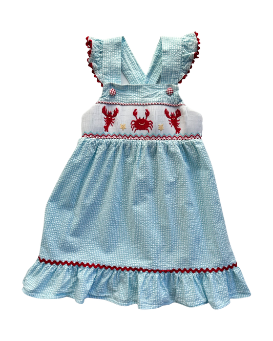 18M Baby Girl StellyBelly Blue Seersucker Smocked Crab & Lobster Dress