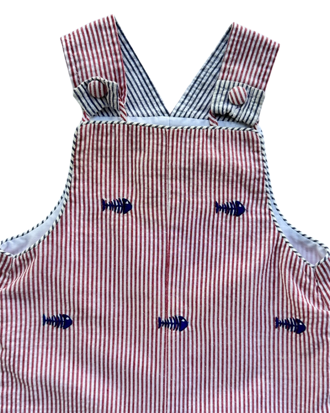 9M Baby Boy Anavini Boutique Red Striped Romper with Navy Embroidered Fish