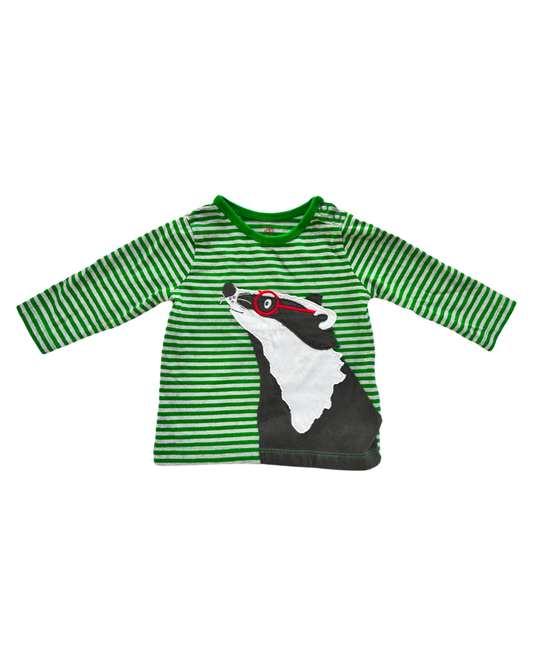 6M-12M Baby Boy Baby Boden Green Striped Badger Shirt